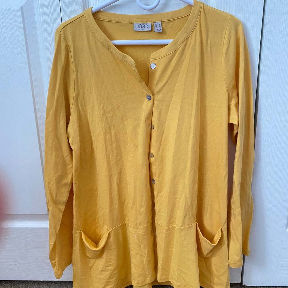 LOGO by Lori Goldstein Cotton Modal Button Front Top Yellow Knit Cardigan Large